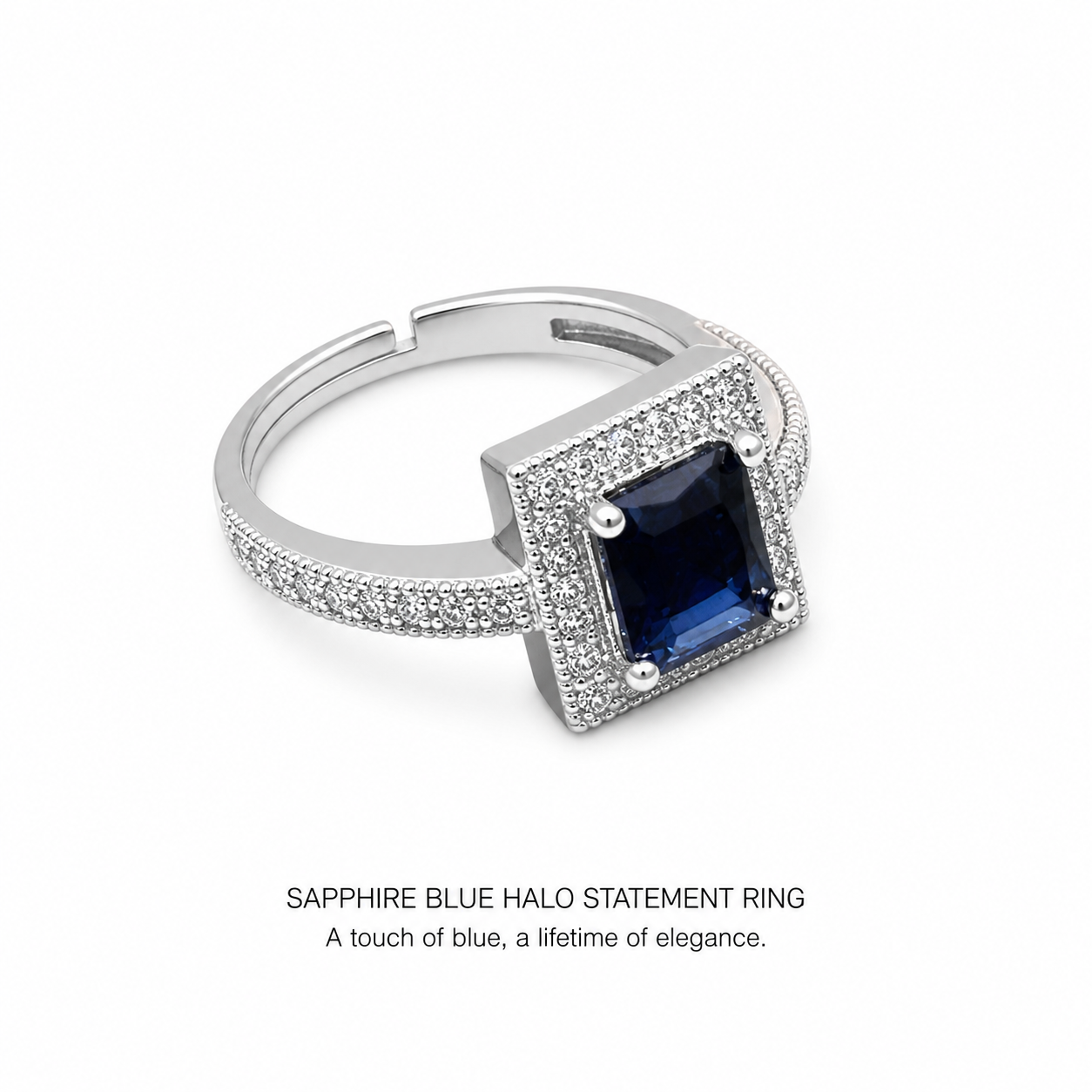 Sapphire blue halo statement ring