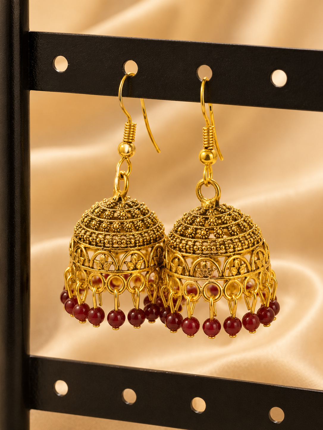 Golden Jhumki with red beads